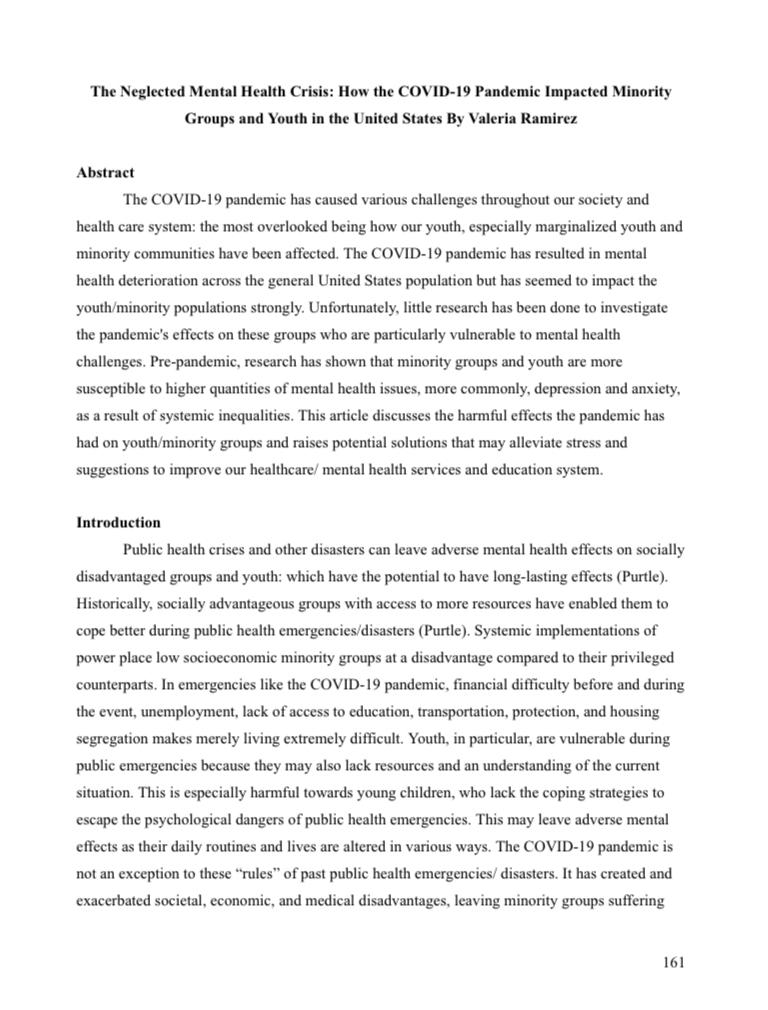 The neglected mental health crisis: how the Covid-19 pandemic impacted minority groups and youth in the United States