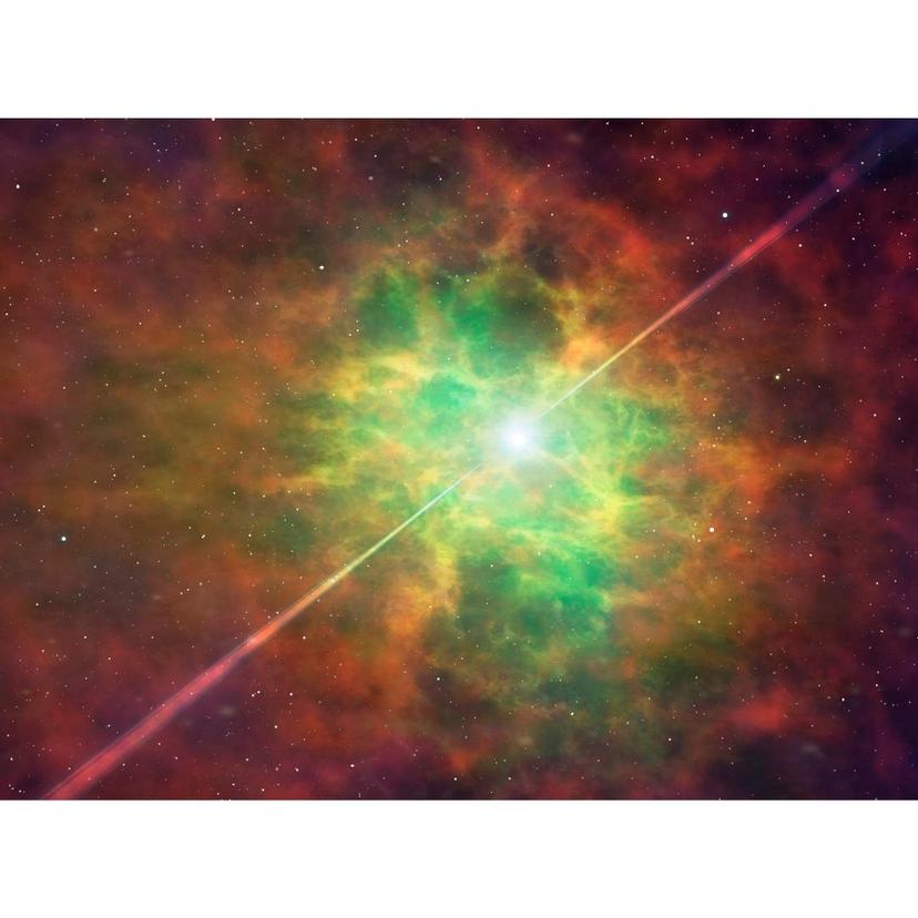 artwork of a star emitting a beam of light in a cloud of green gas