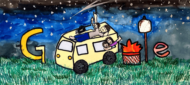 Google doodle of family in a van looking at stars