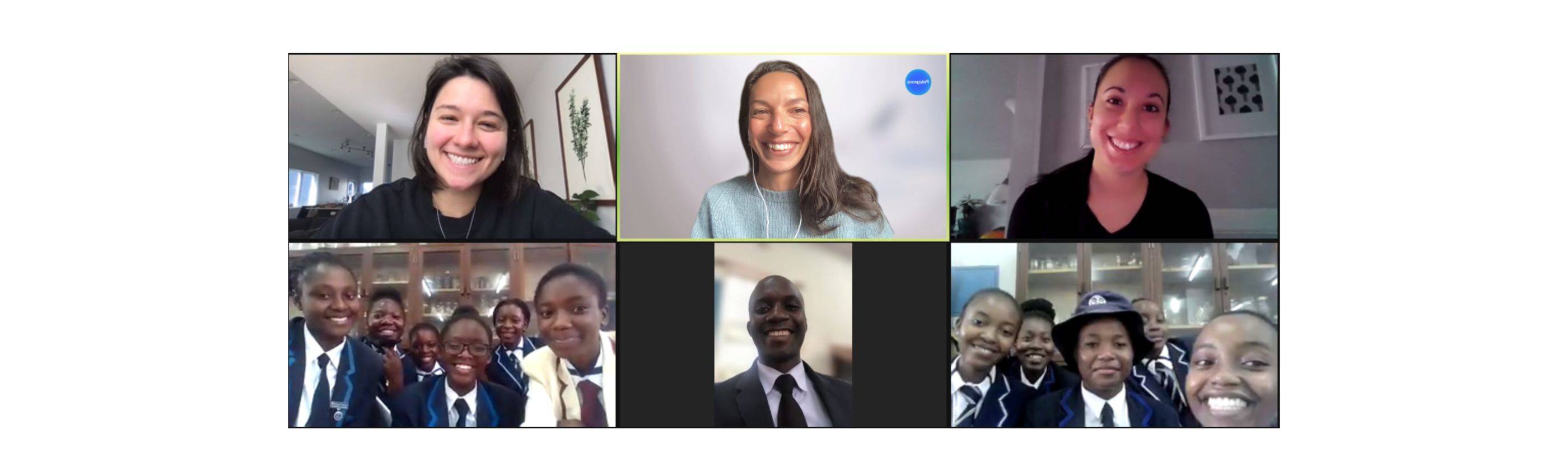smiling students and smiling teachers on zoom call screen