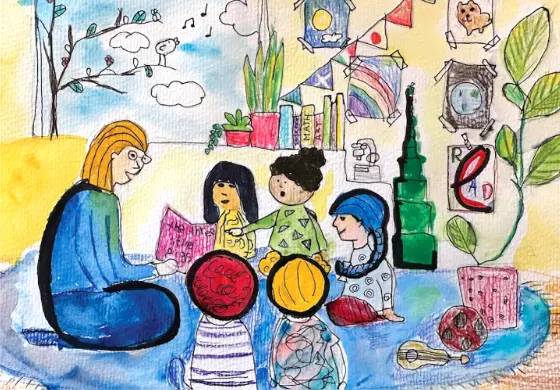 google doodle featuring a watercolor painting of reading students and teacher