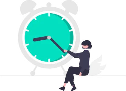 Sitting woman sets the hands of the clock