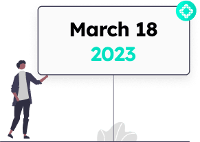 Illustrated person stands by a sign showing event date: Marc 18 2023