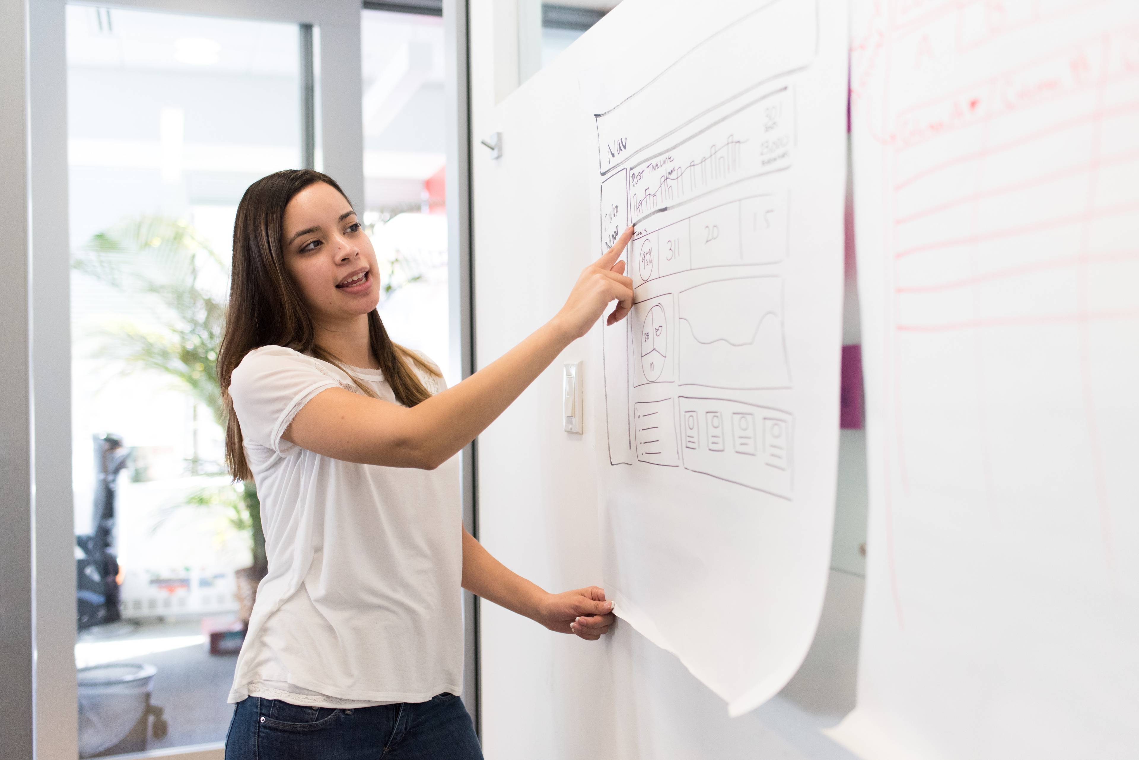 woman presenting information on a big pad of paper