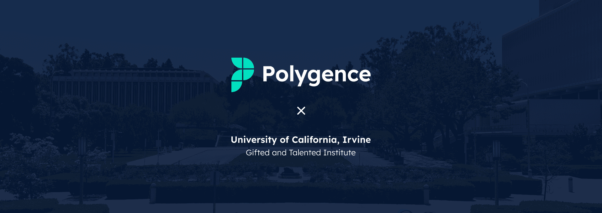 UCI campus with Polygence and UCI logos
