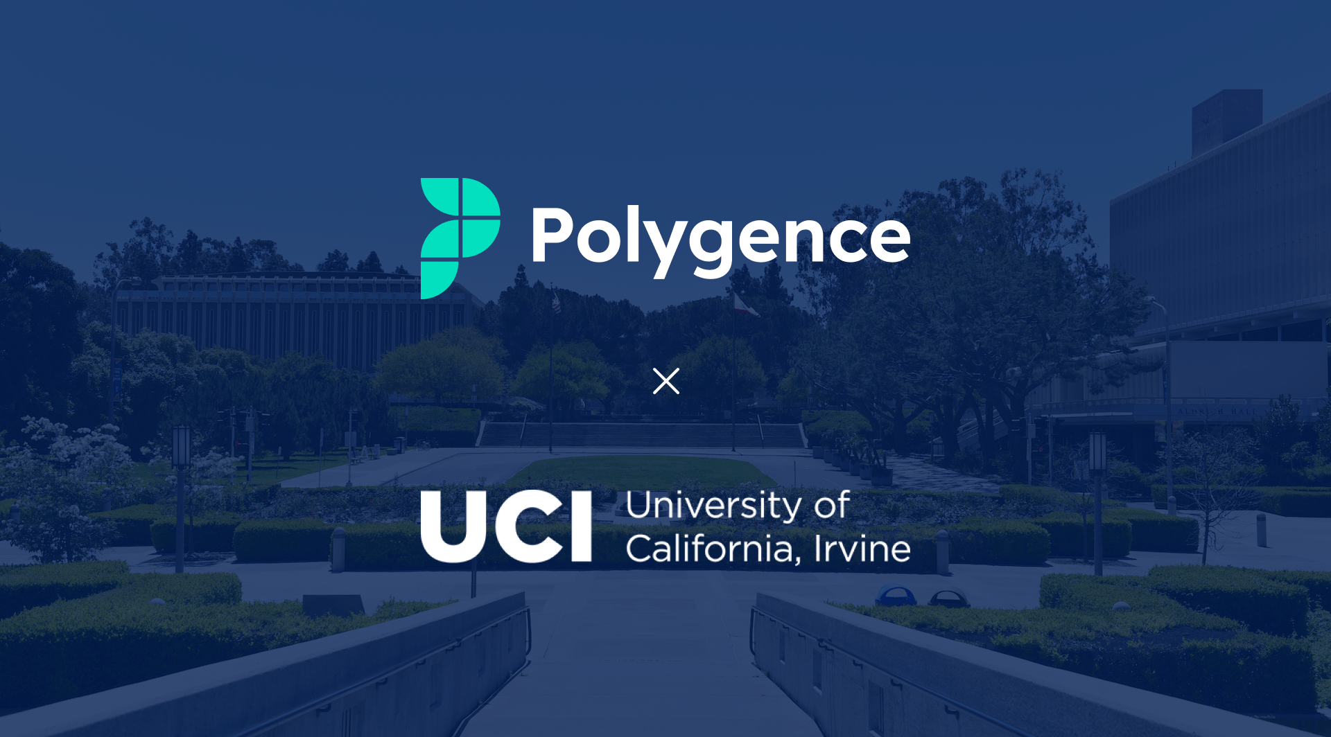 UCI campus with Polygence and UCI logos