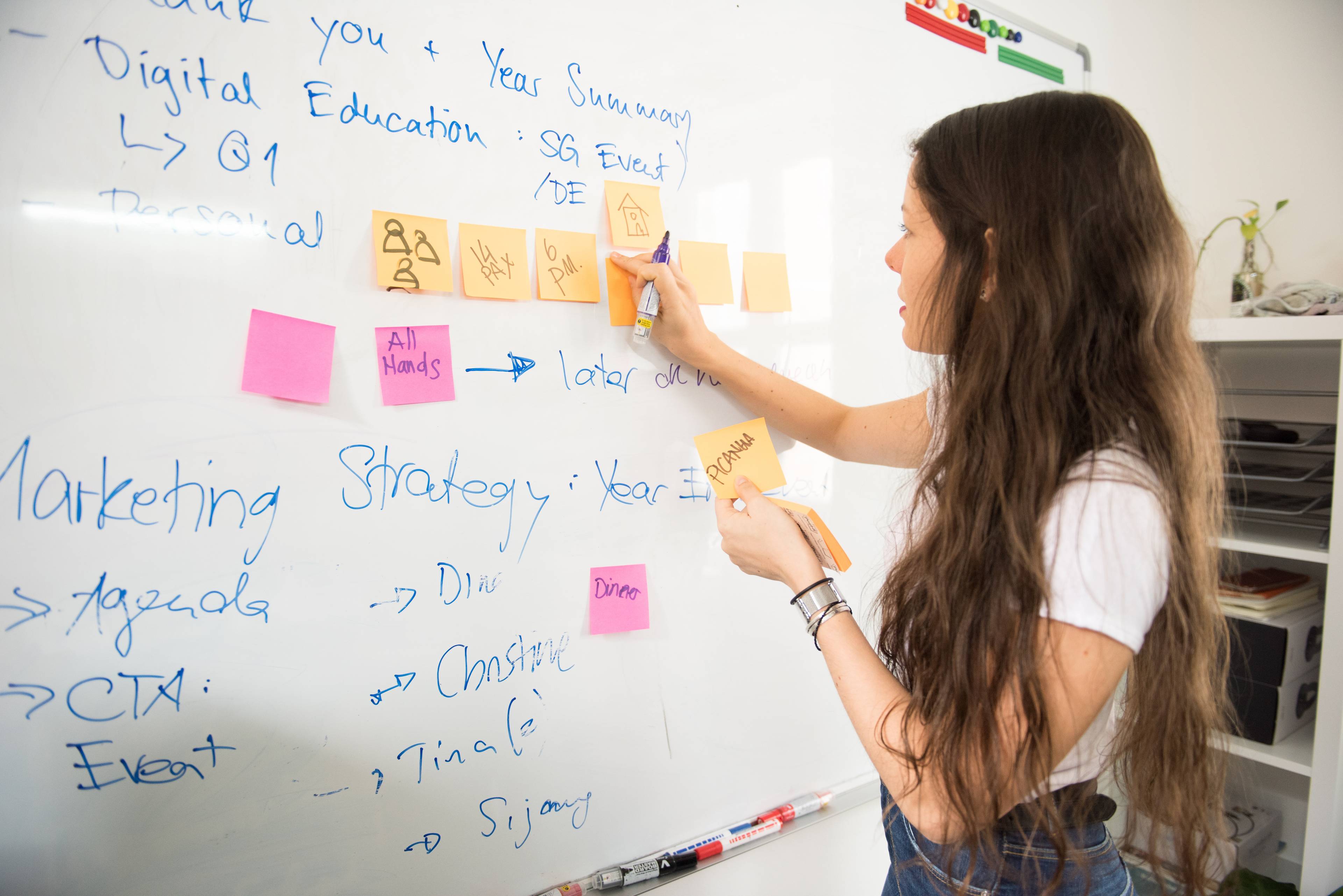 woman writing on sticky notes on a white board