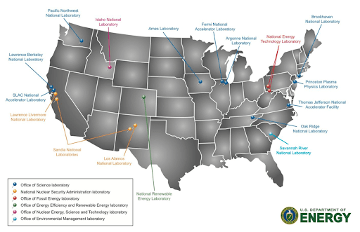 A map of  U.S. Department of Energy national laboratories